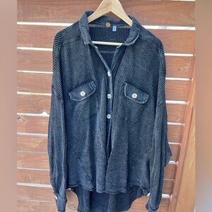 Free People Women's Black Waffle-Knit Button Front Shirt